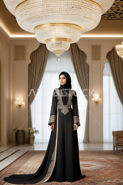 مفهوم الأناقة و الأنوثة, الاهتمام بالمظهر الخارجي, امرأة عربية خليجية عربية سعودية محجبة ترتدي عباءة تقليدية مزخرفة تنظر إلى الكاميرا بإيماءات الثقة بالنفس, أزياء محجبات راقية