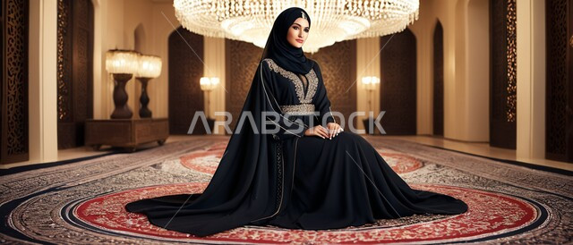 أزياء محجبات راقية, مفهوم الأناقة و الأنوثة, الاهتمام بالمظهر الخارجي, امرأة عربية خليجية عربية سعودية محجبة ترتدي عباءة تقليدية مزخرفة تنظر إلى الكاميرا بإيماءات الثقة بالنفس