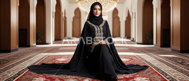الاهتمام بالمظهر الخارجي, امرأة عربية خليجية عربية سعودية محجبة ترتدي عباءة تقليدية مزخرفة تنظر إلى الكاميرا بإيماءات الثقة بالنفس, أزياء محجبات راقية, مفهوم الأناقة و الأنوثة