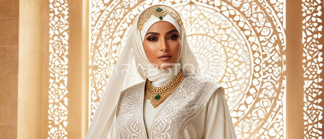 مفهوم الأناقة و الأنوثة, الاهتمام بالمظهر الخارجي, امرأة عربية خليجية عربية سعودية محجبة ترتدي عباءة تقليدية مزخرفة تنظر إلى الكاميرا بإيماءات الثقة بالنفس, أزياء محجبات راقية