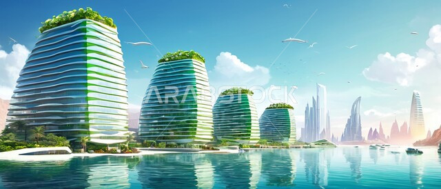 بناء مستقبل حضاري ومتطور, منظر تخيلي مستقبلي للتقدم و النمو العمراني, المباني والمنشآت التجارية الشاهقة في المملكة العربية السعودية, رؤية سعودية مستقبلية 2030, الفن الهندسي المعماري للأبراج وناطحات السحاب