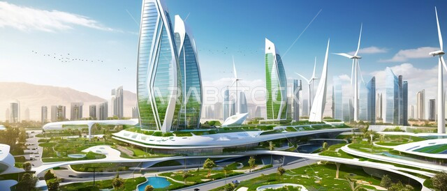 بناء مستقبل حضاري ومتطور, منظر تخيلي مستقبلي للتقدم و النمو العمراني, المباني والمنشآت التجارية الشاهقة في المملكة العربية السعودية, رؤية سعودية مستقبلية 2030, الفن الهندسي المعماري للأبراج وناطحات السحاب