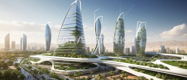 رؤية سعودية مستقبلية 2030, الفن الهندسي المعماري للأبراج وناطحات السحاب, بناء مستقبل حضاري ومتطور, منظر تخيلي مستقبلي للتقدم و النمو العمراني, المباني والمنشآت التجارية الشاهقة في المملكة العربية السعودية