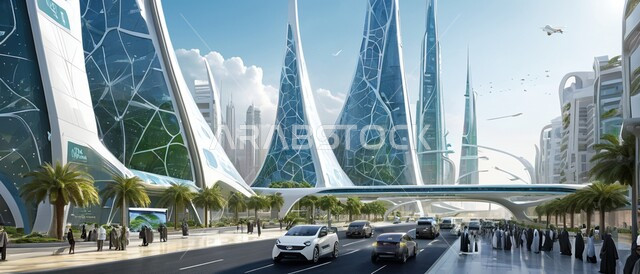 منظر تخيلي مستقبلي للتقدم و النمو العمراني, المباني والمنشآت التجارية الشاهقة في المملكة العربية السعودية, رؤية سعودية مستقبلية 2030, الفن الهندسي المعماري للأبراج وناطحات السحاب, بناء مستقبل حضاري ومتطور