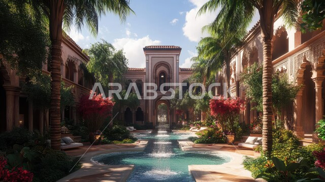 الفن الهندسي المعماري على الطراز الحديث، تصميمات وديكورات فخمة، تصاميم عصرية و فاخرة للشقق والفلل السكنية السياحية، القصور والفنادق والأبنية المتميزة، النمو والتقدم العمراني في المملكة العربية السعودية، الاهتمام بزراعة الأشجار والنباتات الخضراء حول حوض السباحة