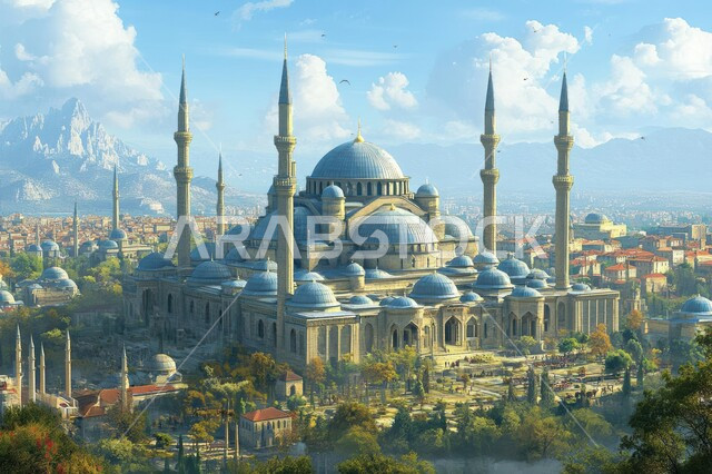 مسجد في وسط الاشجار والأماكن الطبيعية، القبب والمآذن المبنية على الطراز العريق، التصاميم والديكورات الاسلامية، الفن الهندسي المعماري لبناء المساجد في المملكة العربية السعودية، العبادة والطاعة والتقرب الى الله, خلفية الطبيعة