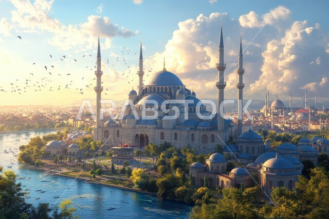 المآذن والقبب المبنية على الطراز العريق، التصاميم والديكورات الاسلامية، مسجد في وسط الاشجار والأماكن الطبيعية، الفن الهندسي المعماري لبناء المساجد في المملكة العربية السعودية، العبادة والطاعة والتقرب الى الله, خلفية الطبيعة