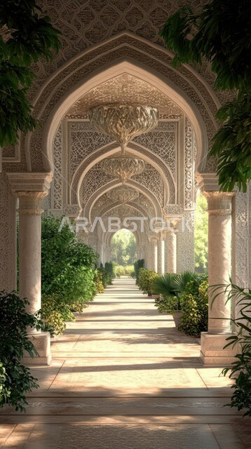 Elegant designs and interior decorations of mosques, the concept of worship and getting closer to God Almighty, the architectural art of an ancient Arab mosque, the engravings and decorations of the columns and arches in the Islamic style, interest in planting green plants