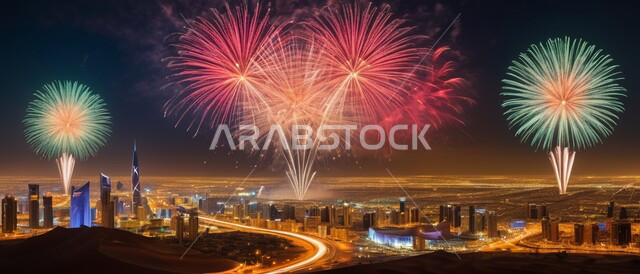 أنشطة وفعاليات ترفيهيه في المملكة العربية السعودية, صورة مقربة لعرض الألعاب والمفرقعات النارية, الإثارة والتشويق احتفالاً باليوم الوطني السعودي في 23 سبتمبر، معالم سياحية مشهورة، الفخر بالانتماء للهوية الوطنية