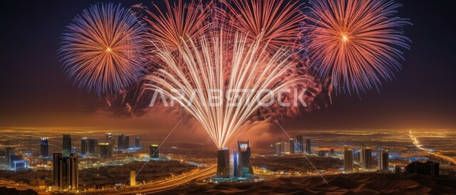 Entertainment activities and events in Saudi Arabia, Close-up of fireworks display, Excitement and suspense celebrating Saudi National Day on September 23, Famous tourist attractions, Pride in belonging to the national identity
