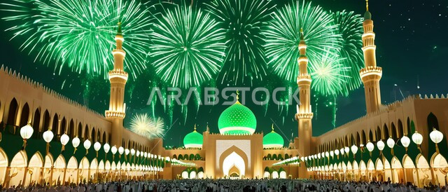 Entertainment activities and events in Saudi Arabia, Close-up of fireworks display, Excitement and suspense celebrating Saudi National Day on September 23, Famous tourist attractions, Pride in belonging to the national identity