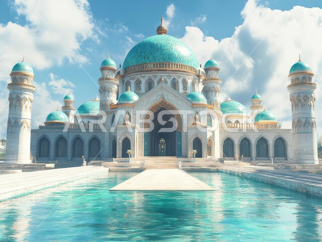 انعكاس مجسم المسجد على سطح المياه, بناء المساجد وسط المناطق الطبيعية, مناطق العبادة والتقرب إلى الله تعالى, أماكن اسلامية في المملكة العربية السعودية, الفن الهندسي المعماري على الطراز الاسلامي العريق, خلفية الطبيعة
