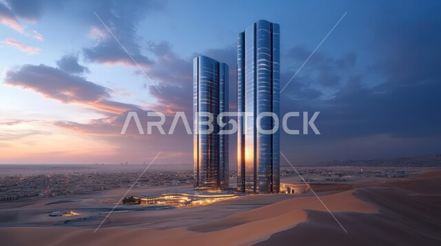  منظر تخيلي مستقبلي للتقدم والنمو العمراني, بناء مستقبل حضاري ومتطور, الفن الهندسي المعماري للأبراج وناطحات السحاب، رؤية سعودية مستقبلية 2030، المباني والمنشآت التجارية والمنازل السكنية في المملكة العربية السعودية وقت غروب الشمس
