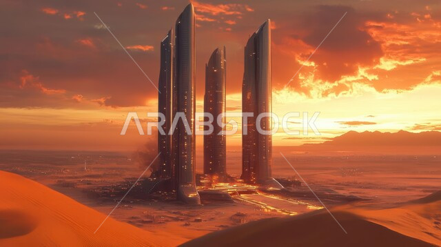 بناء مستقبل حضاري ومتطور, الفن الهندسي المعماري للأبراج وناطحات السحاب، رؤية سعودية مستقبلية 2030، منظر تخيلي مستقبلي للتقدم والنمو العمراني, المباني والمنشآت التجارية والمنازل السكنية في المملكة العربية السعودية وقت غروب الشمس