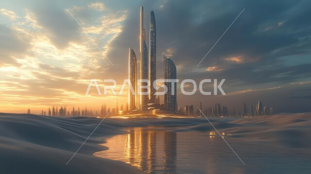 الفن الهندسي المعماري للأبراج وناطحات السحاب، رؤية سعودية مستقبلية 2030، بناء مستقبل حضاري ومتطور, منظر تخيلي مستقبلي للتقدم والنمو العمراني, المباني والمنشآت التجارية والمنازل السكنية في المملكة العربية السعودية وقت غروب الشمس