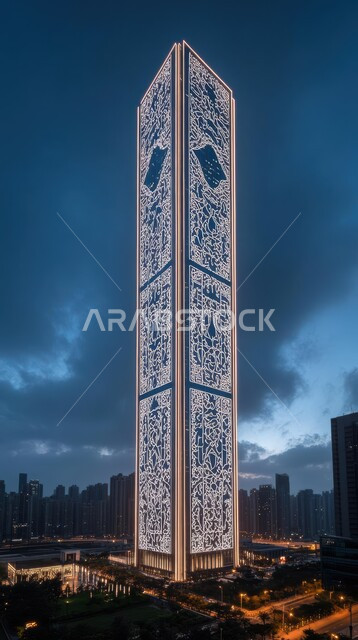 رؤية مستقبلية سعودية 2030، مفهوم التطور الهندسي المعماري في مدينة الرياض، المباني والأبراج والمنشآت التجارية الشاهقة المضيئة ليلا، التصاميم و الفنون الهندسية الحديثة لناطحات السحاب في السعودية، منظر تخيلي مستقبلي للتقدم و النمو العمراني