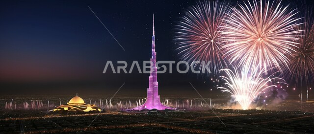 التطور و النمو الاقتصادي, عرض الألعاب النارية فوق ابراج مدينة الرياض ليلا احتفالاً باليوم الوطني السعودي، الفن الهندسي المعماري على الطراز الحديث لناطحات السحاب، أماكن ومعالم سياحية مشهورة في المملكة العربية السعودية