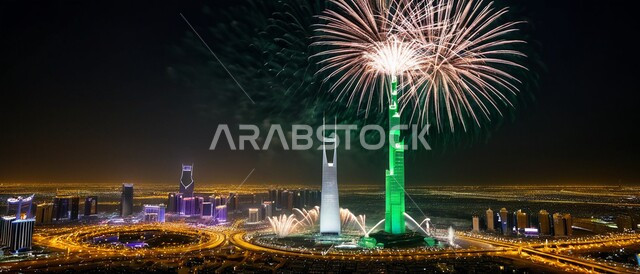 التطور و النمو الاقتصادي, عرض الألعاب النارية فوق ابراج مدينة الرياض ليلا احتفالاً باليوم الوطني السعودي، الفن الهندسي المعماري على الطراز الحديث لناطحات السحاب، أماكن ومعالم سياحية مشهورة في المملكة العربية السعودية