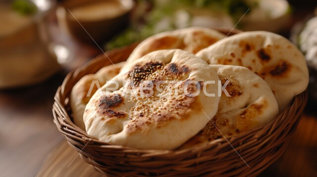 Bakeries and ovens in the Kingdom of Saudi Arabia, bread spread in the popular oven, fresh hot baked goods, Saudi local national products, traditional Arabic bread loaves (pita)