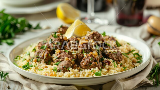 وصفات وأطباق المتميزة، قطع لحم الضأن المرتبة على طبق مع سلطة الكسكس الشهية، مطاعم للمأكولات الشرقية في المملكة العربية السعودية، وجبات اللحم الصحية والمغذية