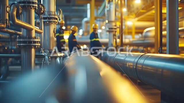 A group of Saudi Arabian Gulf engineers working in an oil and gas refinery, following up on the progress of work in factories, the concept of gas productivity in Saudi Arabia, metal and chemical industries, steel cables and pipelines, working in the field of petrochemical industries and projects