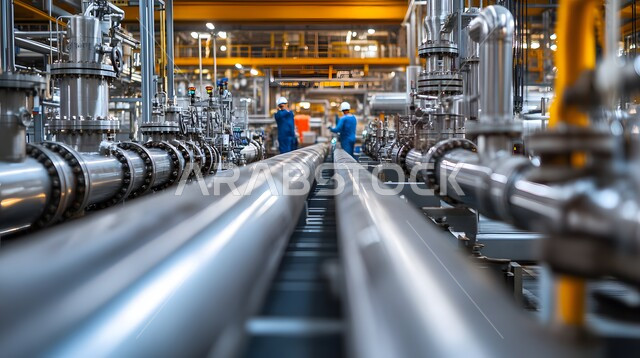 الكابلات الفولاذية وخطوط الأنابيب، العمل في مجال الصناعات والمشاريع البيتروكيماوية، مجموعة من المهندسين العرب الخليجيين السعوديين يعملون في مصنع تكرير النفط والغاز، متابعة سير الاعمال في المصانع، مفهوم إنتاجية الغاز في السعودية, صناعات المعادن والكيميائيات