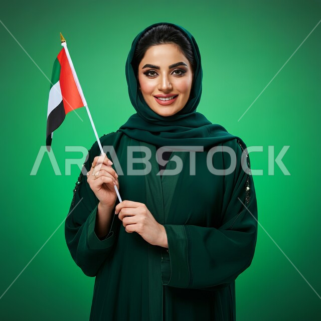 National occasions and holidays, celebrating the UAE National Day, the concept of pride and belonging to the homeland, a portrait of a veiled Emirati Gulf Arab woman wearing a modern abaya and holding the flag of the United Arab Emirates in her hand, looking at the camera with gestures of pride and self-confidence, green background, chroma key