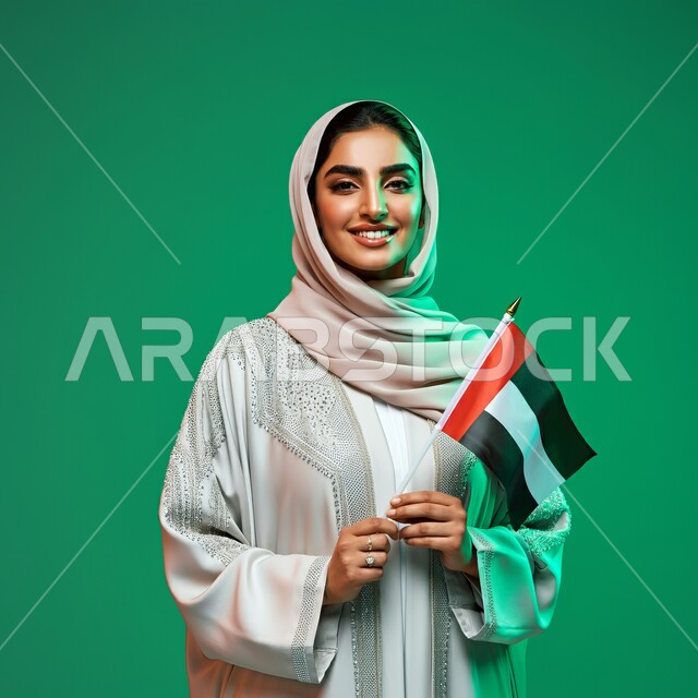 الأعياد و المناسبات الوطنية, الاحتفال باليوم الوطني الإماراتي, مفهوم الفخر و الانتماء للوطن, بورتريه لامرأة عربية خليجية إماراتية محجبة ترتدي عباءة عصرية وتحمل بيدها علم الإمارات العربية المتحدة, النظر الى الكاميرا بايماءات الاعتزاز والثقة بالنفس، خلفية خضراء، كروما