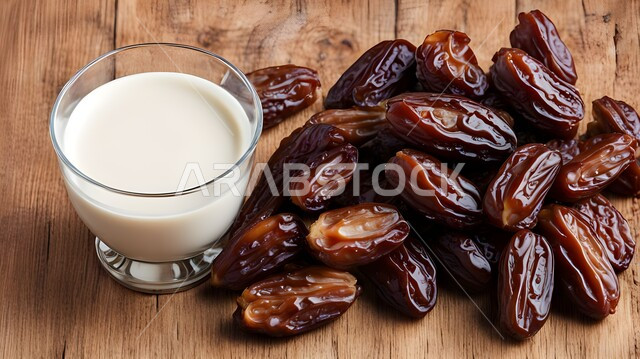وجبة فطور رمضاني صحي، طعام ذات قيمة غذائية عالية، طبق من التمر السكري مع الحليب، انواع من التمور اللذيذة، حسن الضيافه وكرم الإستقبال في الأعياد والمناسبات الدينية