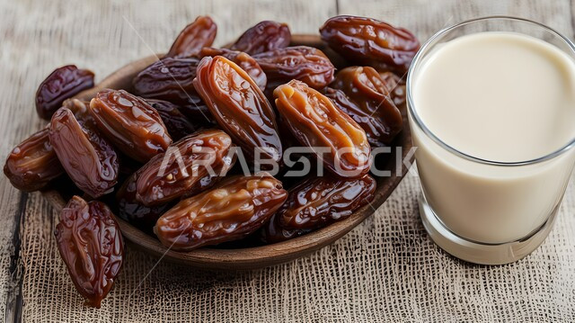 وجبة فطور رمضاني صحي، طعام ذات قيمة غذائية عالية، طبق من التمر السكري مع الحليب، انواع من التمور اللذيذة، حسن الضيافه وكرم الإستقبال في الأعياد والمناسبات الدينية