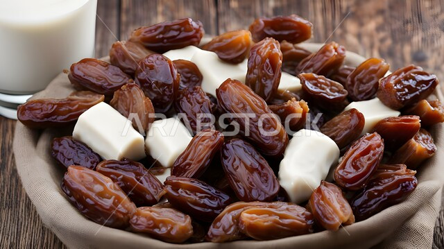 وجبة فطور رمضاني صحي، طعام ذات قيمة غذائية عالية، طبق من التمر السكري مع الحليب، انواع من التمور اللذيذة، حسن الضيافه وكرم الإستقبال في الأعياد والمناسبات الدينية