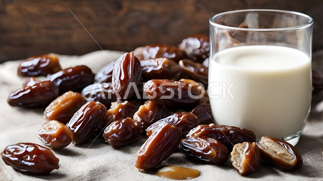 وجبة فطور رمضاني صحي، طعام ذات قيمة غذائية عالية، طبق من التمر السكري مع الحليب، انواع من التمور اللذيذة، حسن الضيافه وكرم الإستقبال في الأعياد والمناسبات الدينية