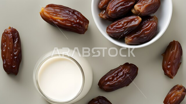 حسن الضيافه وكرم الإستقبال في الأعياد والمناسبات الدينية، وجبة فطور رمضاني صحي، طعام ذات قيمة غذائية عالية، طبق من التمر السكري مع الحليب، انواع من التمور اللذيذة
