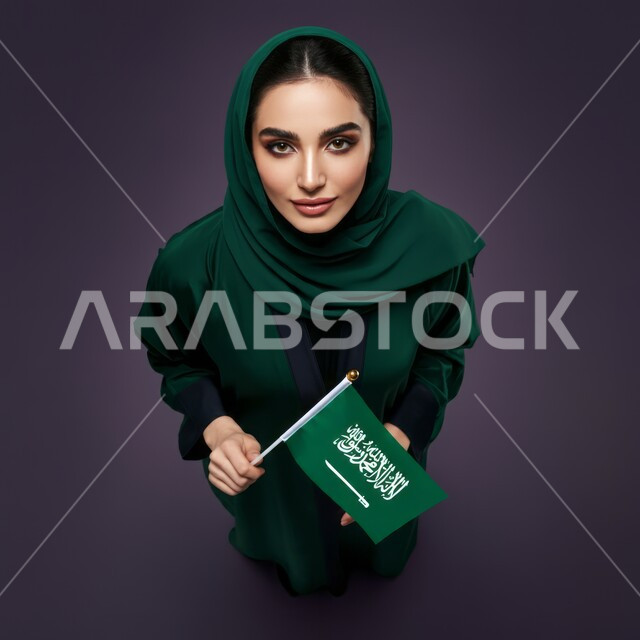 يوم العلم 11 مارس، إحياء ذكرى العيد الوطني السعودي 23 سبتمبر، الأعياد والمناسبات الوطنية، بورتريه لسيدة عربية خليجية سعودية محجبة ترتدي عباءة عصرية وتحمل علم السعودية بإيماءات تدل على السعادة، خلفية بنفسجية