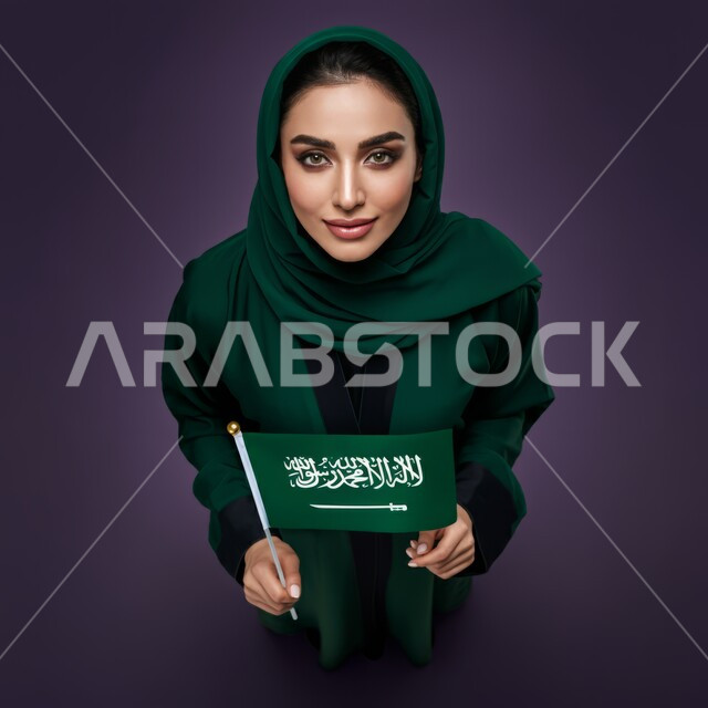 إحياء ذكرى العيد الوطني السعودي 23 سبتمبر، الأعياد والمناسبات الوطنية، بورتريه لسيدة عربية خليجية سعودية محجبة ترتدي عباءة عصرية وتحمل علم السعودية بإيماءات تدل على السعادة، يوم العلم 11 مارس، خلفية بنفسجية