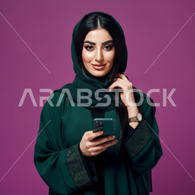 استخدام الاجهزة التقنية الحديثة، إيماءات السعادة والسرور، الدردشة مع الأهل والأصدقاء، بورتريه مقرب لامرأة عربية خليجية سعودية محجبة تحمل بيدها الهاتف المحمول تقوم بتصفح وسائل التواصل الاجتماعي، خلفية بنفسجية