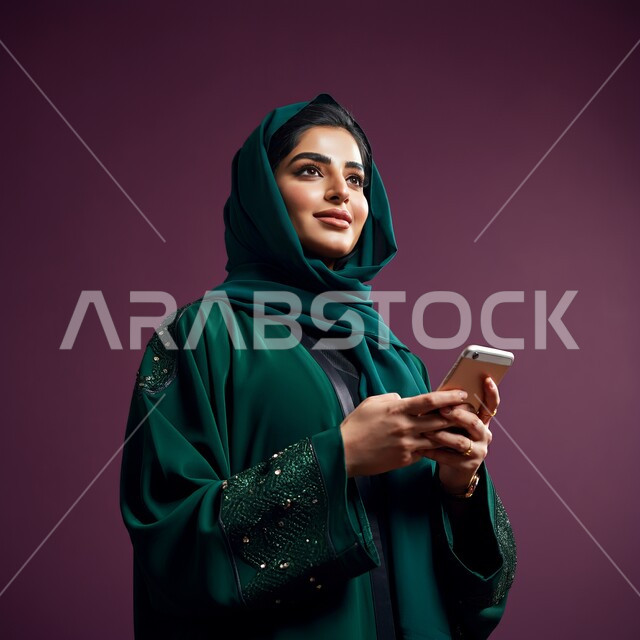 إيماءات السعادة والسرور، الدردشة مع الأهل والأصدقاء، استخدام الاجهزة التقنية الحديثة، بورتريه مقرب لامرأة عربية خليجية سعودية محجبة تحمل بيدها الهاتف المحمول تقوم بتصفح وسائل التواصل الاجتماعي، خلفية بنفسجية