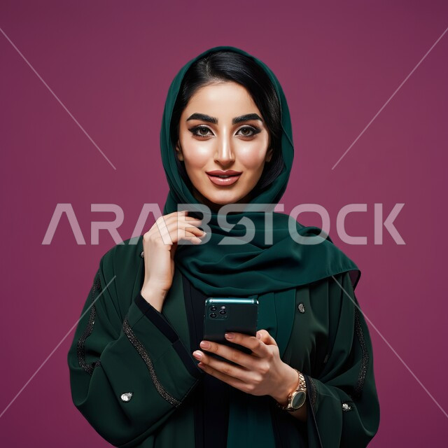 الدردشة مع الأهل والأصدقاء، إيماءات السعادة والسرور، استخدام الاجهزة التقنية الحديثة، بورتريه مقرب لامرأة عربية خليجية سعودية محجبة تحمل بيدها الهاتف المحمول تقوم بتصفح وسائل التواصل الاجتماعي، خلفية بنفسجية