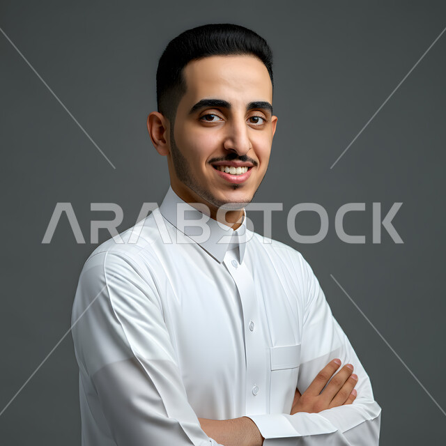 The concept of handsomeness and masculinity, elegance and attention to external appearance, a close-up portrait of a smiling Saudi Gulf Arab man wearing a thobe, standing with crossed hands looking at the camera with expressions of pleasure and self-confidence, gray background