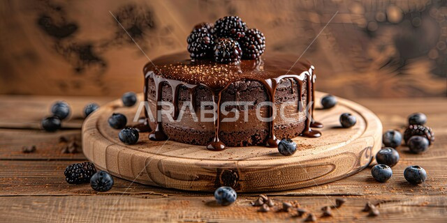 Chocolate sponge cake decorated with chocolate, cream and fruits, fresh baked desserts, delicious cocoa cream filling, high-calorie foods and sweets, delicious candy pieces