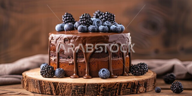 حلويات طازجة مخبوزة في الفرن، كيكة الشوكولاتة الإسفنجية المزينة بالشوكولا والكريمة والفواكه، حشوة كريمة الكاكاو الشهية، أطعمه وسكريات ذات سعرات حراريه عاليه، قطع الحلوى اللذيذة