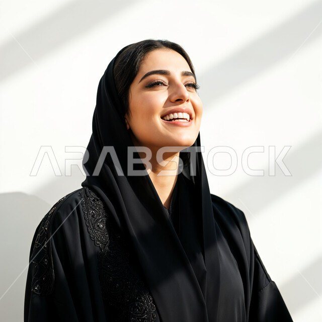 مفهوم النعومة و الأنوثة، الاهتمام بالأناقة والمظهر الخارجي، صورة مقربة لامرأة عربيه خليجيه سعودية مبتسمة محجبة ترتدي العباءة والحجاب، إيماءات السرور والثقه بالنفس، أزياء محجبات عصرية حديثة