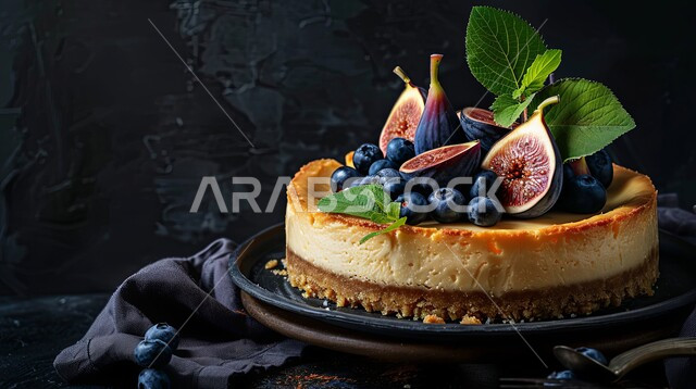 سكريات وحلويات شهية ، قطعه شهية من كعكة مزينة بالتوت البري و والتين، تحلية باردة ولذيذة, تشيز كيك مع طبقات الكريمه و الجبن والفواكه الموسمية الطازجة، قطع الحلوى الشرقية