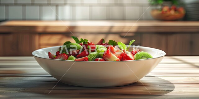 الاهتمام بالزراعة المحلية والاكتفاء الذاتي، المنتجات والمحاصيل الوطنية السعودية الوافرة، مأكولات صحية ومفيدة، صورة مقربه لطبق من سلطة فواكه طازجة منوعة بالفراولة والكيوي والنعناع