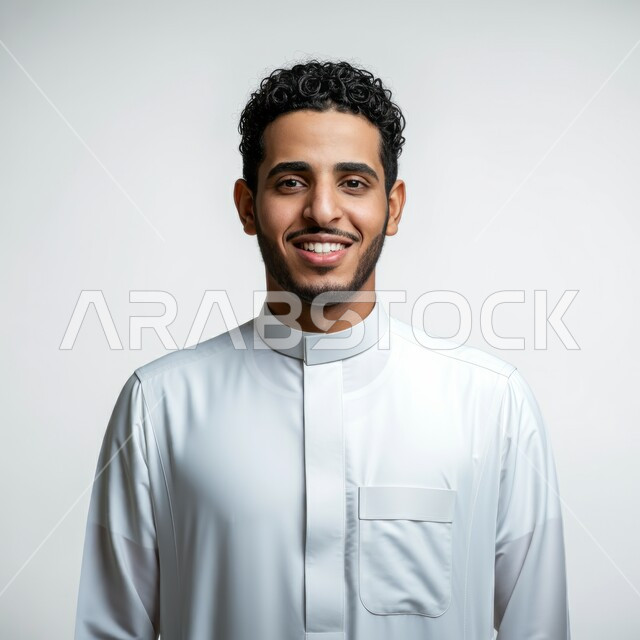 مفهوم الوسامة والرجولة، الأناقة والاهتمام بالمظهر الخارجي، بورتريه مقرب لرجل عربي خليجي سعودي مبتسم يرتدي الثوب ينظر الى الكاميرا بتعابير السرور والثقة بالنفس، خلفية ابيض