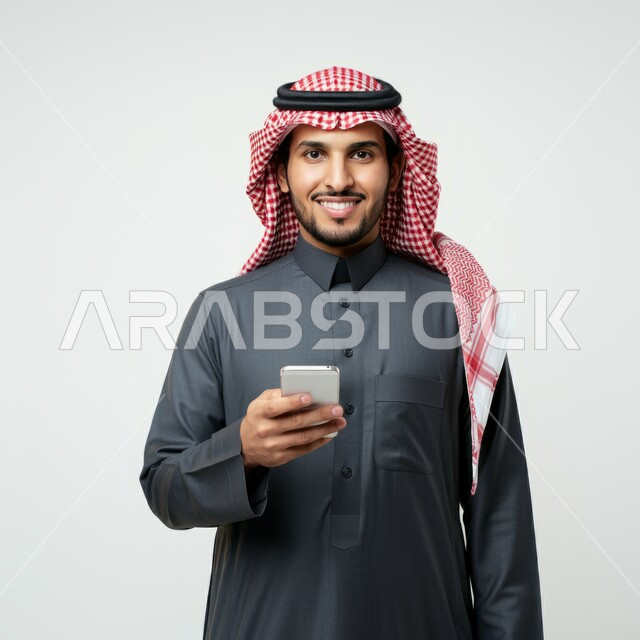 Looking at the camera with expressions of pleasure, gestures of happiness and joy, a close-up portrait of a smiling Saudi Gulf Arab man wearing a shemagh and thobe and holding a mobile phone in his hand, using technology and advanced modern technical devices, white background