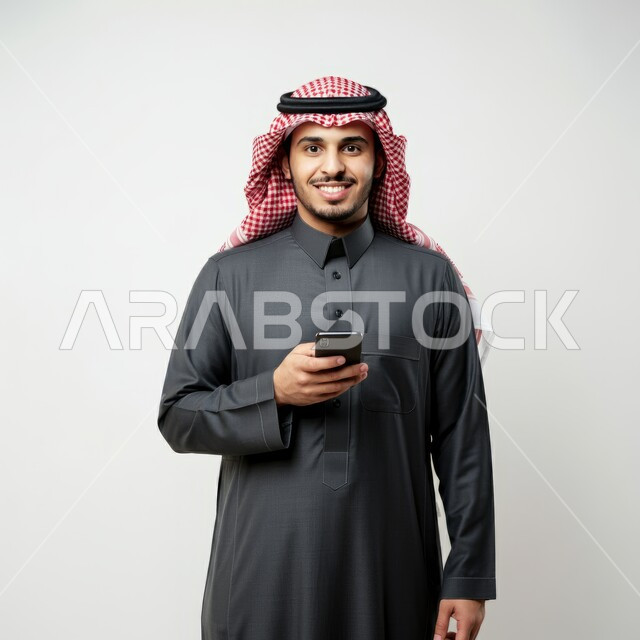 Looking at the camera with expressions of pleasure, gestures of happiness and joy, a close-up portrait of a smiling Saudi Gulf Arab man wearing a shemagh and thobe and holding a mobile phone in his hand, using technology and advanced modern technical devices, white background