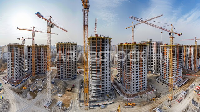 الحضارة والتطور والتقدم العمراني في المملكة العربية السعودية, صورة جوية لمجموعة من المباني السكنية قيد الانشاء,  تحسين وتطوير البنية التحتية, مفهوم الهندسة الإنشائية والمعمارية, تنفيذ مخطط الإعمار وتشكيل الهيكل المعدني, رافعات بناء وصب الخرسانات ووضع الاساسات