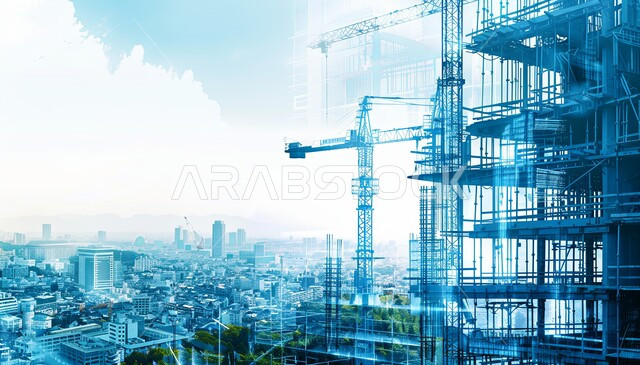 Saudi urban development and progress, improving and developing infrastructure in the Kingdom of Saudi Arabia, the concept of structural and architectural engineering, implementing the construction plan and forming the metal structure, construction crane and pouring concrete over a modern building under construction