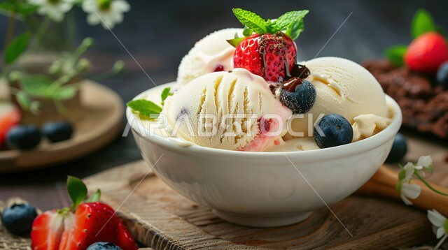 آيس كريم المزين بالنعناع الاخضر، كرات البوظة بنكهة الفانيليا والفراولة الطازجة، حلويات صيفية باردة، المأكولات المليئة بالسكريات والسعرات الحرارية، مرطبات فصل الصيف